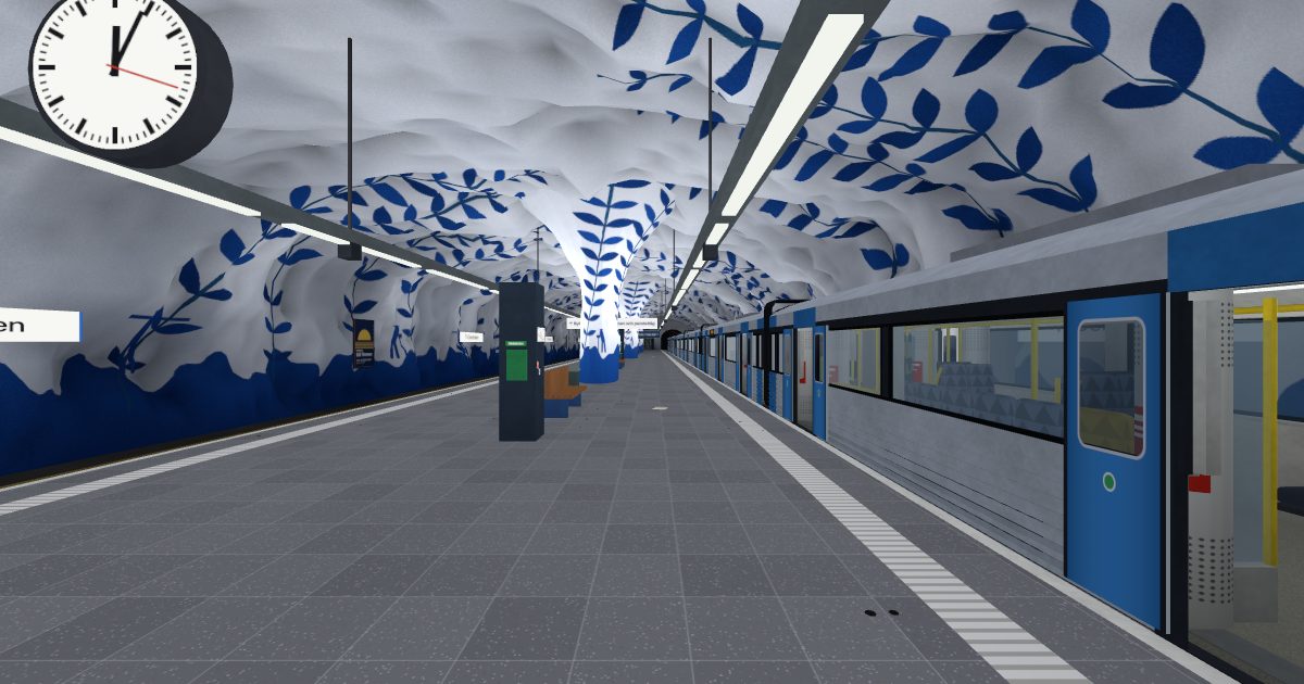 Perrongen på T-Centralen i spelet, med blå rankor i berget och ett tåg med öppna dörrar.